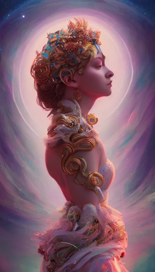 Prompt: a beautiful goddesses, profile, full body, universe in the background, dream, highly detailed, digital painting, refreshing, trending on artstation, octane render, illustration by james jean