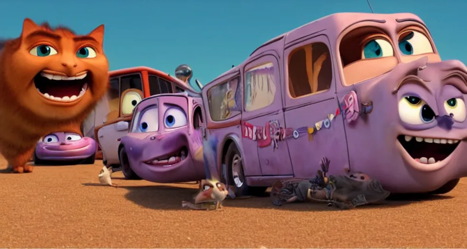 Prompt: A screenshot of Catbus in the Pixar movie Cars