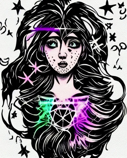 Image similar to “a beautiful tattoo design with a vaporwave theme featuring a ghostly female face, an alchemical symbol, winamp ui and tiny kawaii stars. fine line tattoo design with white background.”