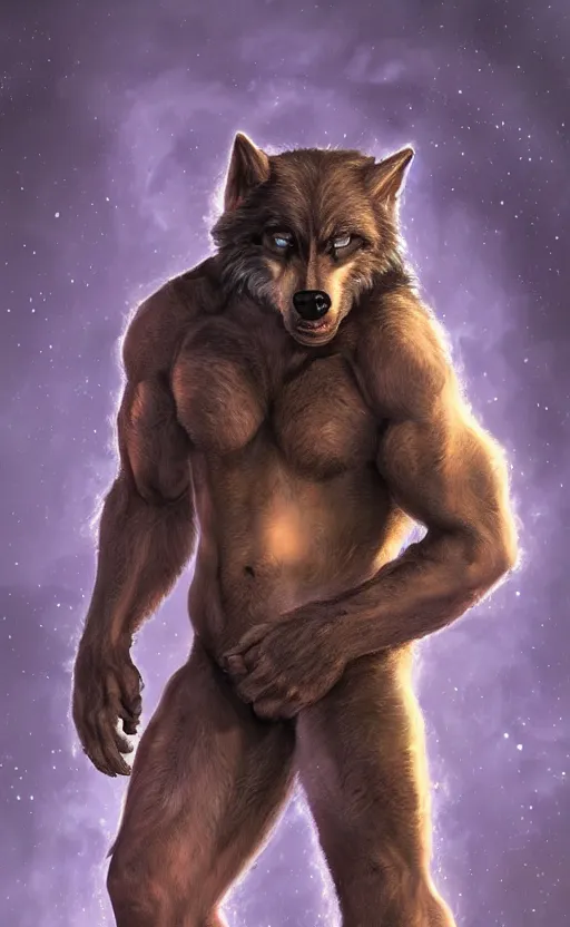 Image similar to Portrait of a rugged werewolf sitting down, male, muscular, space clothing!!!!!, highly detailed, cinematic lighting, digital art