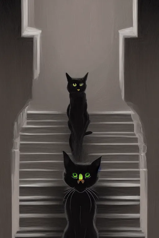 Prompt: black cat with glowing eyes sitting at the bottom of a flight of dimly lit stairs, viewed from above, digital illustration, artstation, artstation hq, hd