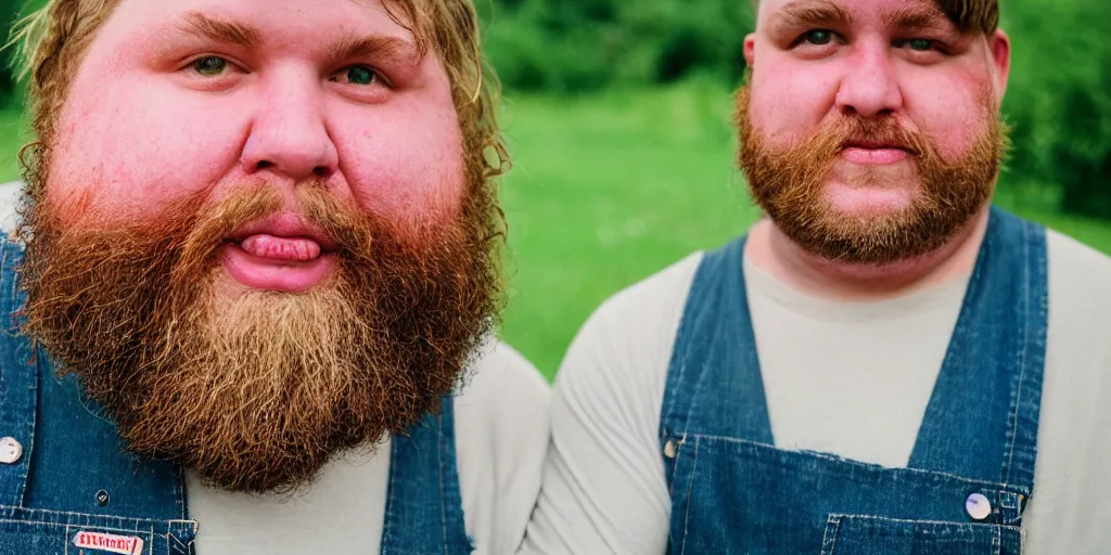 Image similar to obese redneck white male with long beard, wearing dirty overalls, dirty face, grin, portrait, close up, kodak gold 2 0 0, 5 0 mm