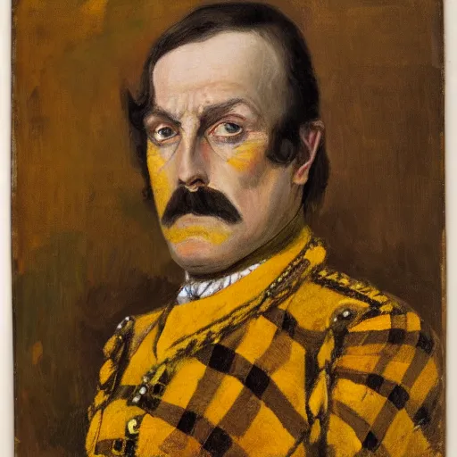 Prompt: portrait of squinting hussar wearing plaid, in the style of atlantean realism ( 1 9 1 1 ), yellow ochre, ( ivory black ), vermillion, and titanium white