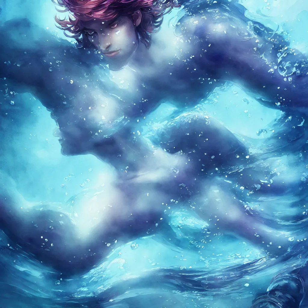 Image similar to beautiful watercolor painting of prince underwater, intricate, elegant, highly detailed, digital painting, artstation, concept art, smooth, sharp focus,, dynamic lighting, ultrarealistic, cinematic, octane render, 8 k