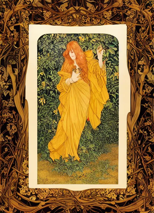 Image similar to masterpiece beautiful seductive flowing curves pose preraphaelite portrait photography, extreme closeup shot, straight bangs, thick set features, yellow ochre ornate medieval dress, amongst foliage mushroom forest arch, william morris and kilian eng and mucha, framed, 4 k