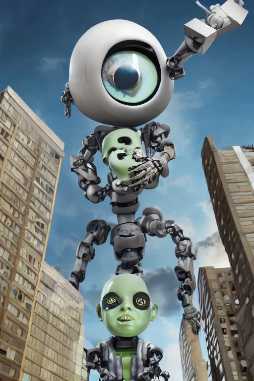 Image similar to evil giant baby with a robo arm and a robo eye in a diaper is taller than office buildings, goes destroying buildings under his feet, art, illustration, 3 d, render
