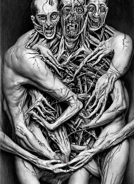 Image similar to stunning bernie wrightson photograph of experimental surgery of a man sewn together to another man with multiple heads multiple arms grotesque twisted vein covered splotchy skin of despair, painful merging of bodies disgusted siamese horror conjoined psychotic painful people award winning style photography