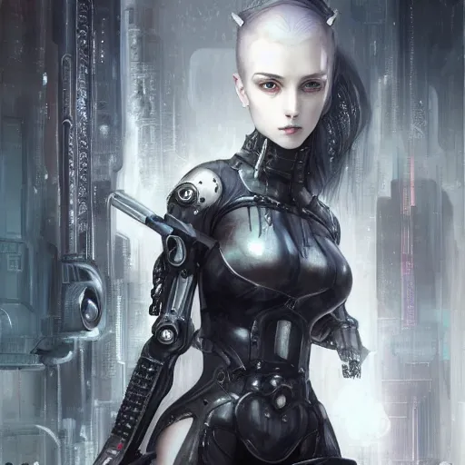 Prompt: By Tom Bagshaw, ultra realist soft painting of an attractive cyrvy cyberpunk anime female fully body armored, with thin lustrous long hair floating, photorealistic eyes render, looking at camera, curiosities carnival, symmetry accurate features, very intricate details, focus, dark fantasy background black and white