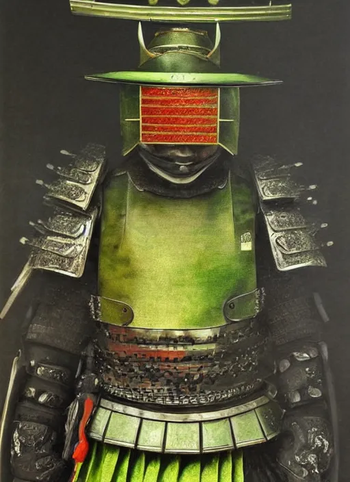 Image similar to a japanese samurai but his armor is greeen, little bit red, damaged and the helmet is almost futuristic, very detailed oil painting, dark and realistic, japanese art art