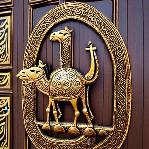 Image similar to gorgeous ornated bronze realistic detailed sacred camel wall decoration with filigree, islamic calligraphy