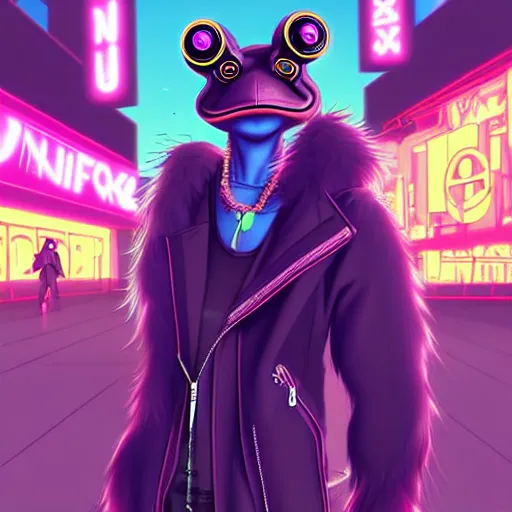 Image similar to beautiful furry digital art portrait commission of an androgynous furry anthro frog fursona wearing punk clothes in the streets of a cyberpunk city. neon signs. character design by charlie bowater, ross tran, artgerm, and makoto shinkai