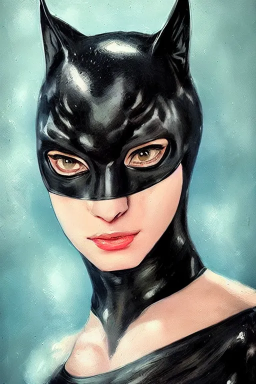 Image similar to beautiful aesthetic portrait of 1990’s Catwoman by wlop and Julia Razumova, headshot, deviantArt, trending on artstation, artstation HQ