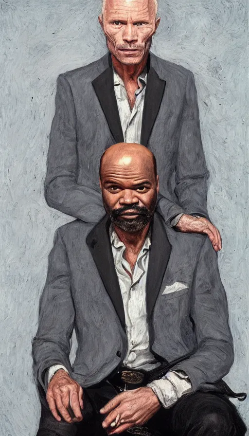 Prompt: ed harris in a black cowboy suit, evan rachel wood, blue and white trim western dress, Jeffrey Wright in dark grey jacket, mid grey, light blue shirt, black tie, in red dead redemntion 2, portrait, painting by Lucian Freud, edward rucha, rembrandt