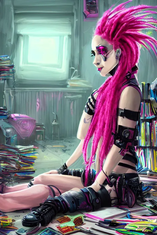 Image similar to portrait of a cybergoth girl with pink dreads reading a book on the floor of a cluttered 9 0 s bedroom, dynamic lighting, fantasy concept art, trending on art station, stunning visuals, creative, cinematic, ultra detailed,