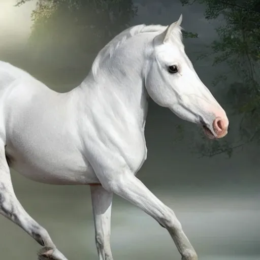 Prompt: a beautiful white realistic horse with feet like human realistic hands