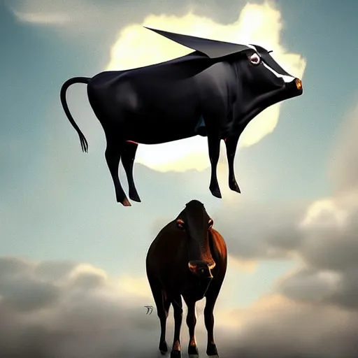 Image similar to digital art, trending on artstation, a cow wearing a cape flying in the sky with clouds