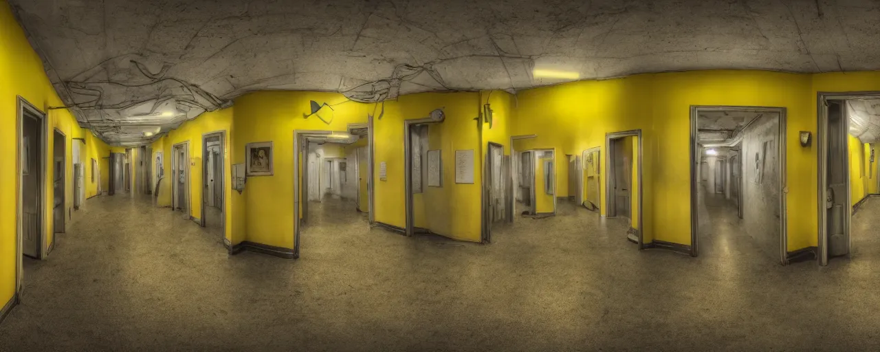 Image similar to the backrooms, walls with a monochromatic tone of yellow, and buzzing fluorescent lights, extremely high detail, photo realistic, post processed, cinematic, 8k UHD