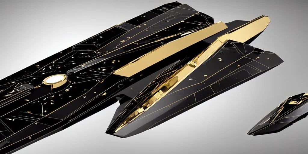 Prompt: a sleek interstellar warship in gleaming obsidian black and scintillating 24K gold designed by HP