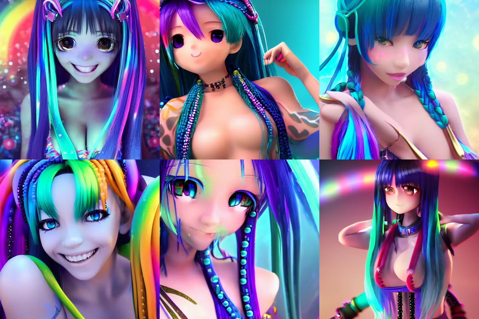 Prompt: hot petite 3d anime girl with dark blue hair with rainbow colored streaks, smiling, long braids, beads, teal eyes, fantasy outfit, cinematic lighting, ambient occlusion, soft skin, cinematic shot, highly detailed, glitter, trending on Artstation, Unreal Engine 4K, cinematic wallpaper
