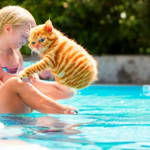 Image similar to a girl with curly blonde hair at a pool party with an orange tabby kitten looking on