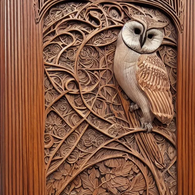 Image similar to a 3 d wooden mahogany art nouveau carved sculpture of a barn owl, in front of a delicate tracery pattern, intricate and highly detailed, well - lit, ornate, realistic, polished with visible wood grain