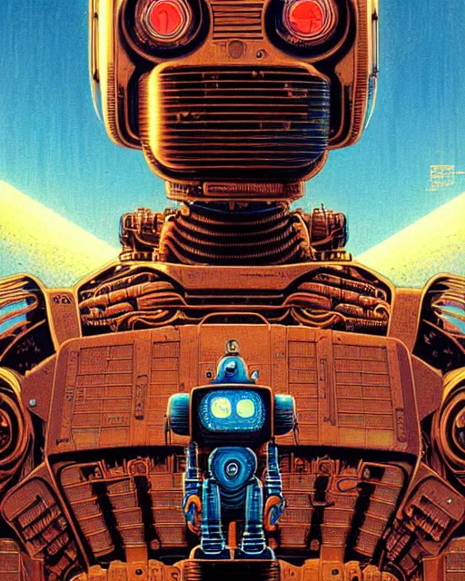 Image similar to robot, character portrait, portrait, close up, concept art, intricate details, highly detailed, vintage sci - fi poster, retro future, in the style of katsuhiro otomo, chris foss, rodger dean, moebius, michael whelan, and gustave dore