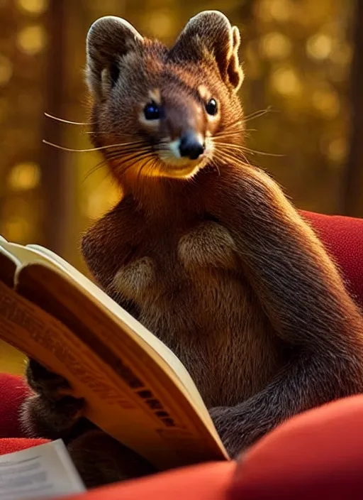 Prompt: A beautiful scene from a 2022 Marvel film featuring a humanoid pine marten wearing loose clothing reading on a couch. An anthropomorphic pine marten. Golden hour.