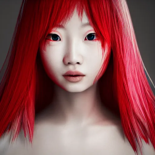 Image similar to beautiful albino Asian girl red and white armor, unreal engine octane, colorful, portrait, gliter, depth of field, 8k, epic light