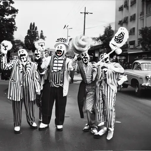 Prompt: gang of 1950s clowns protesting in the streets, shot on point and shoot camera
