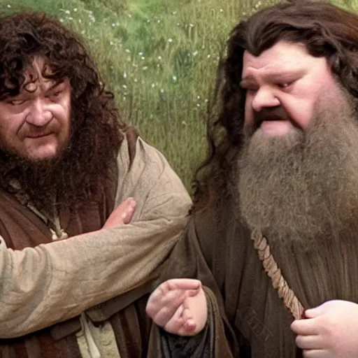 Prompt: frodo baggins meeting hagrid in hogwarts