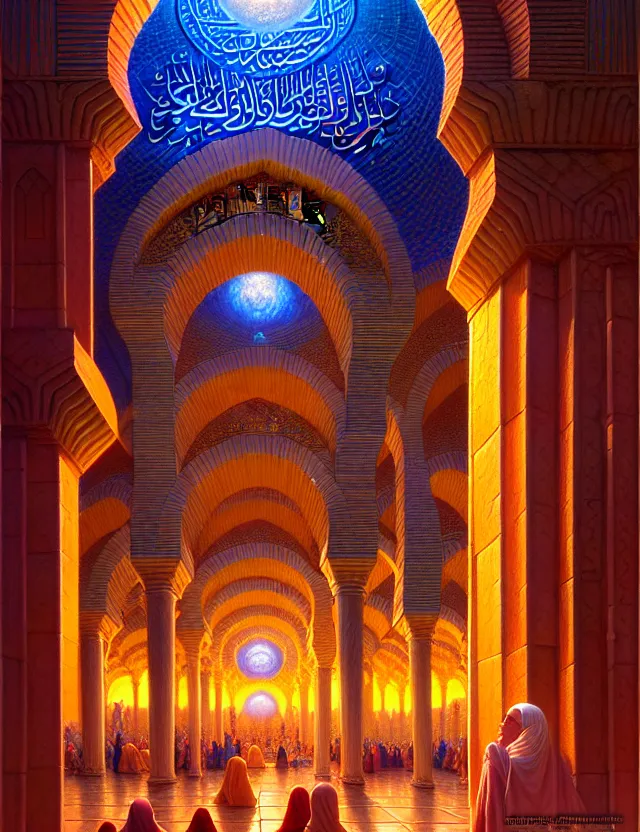 Prompt: eqyptian mosque palace of light technology, dmt goddess, tim hildebrandt, bruce pennington, donato giancola, trending on artstation, cinematic composition, beautiful lighting, hyper detailed, 8 k, oil on canvas