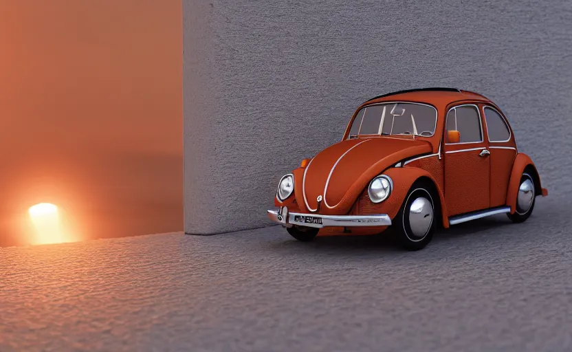 Image similar to a miniature of a VW Beetle on a bookshelf near a window at sunset, DOF, octane render, unreal engine 5, godrays, complementary colors, calm, symmetrical, highly detailed, high quality, 4k, beautiful, hyperrealistic