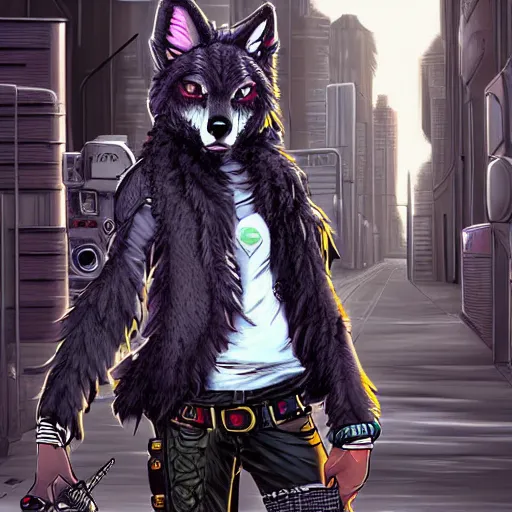 Prompt: beautiful furry art portrait digital art commission of a furry anthro wolf fursona wearing punk clothes in the streets of a cyberpunk city. character design by rick griffin, miles df