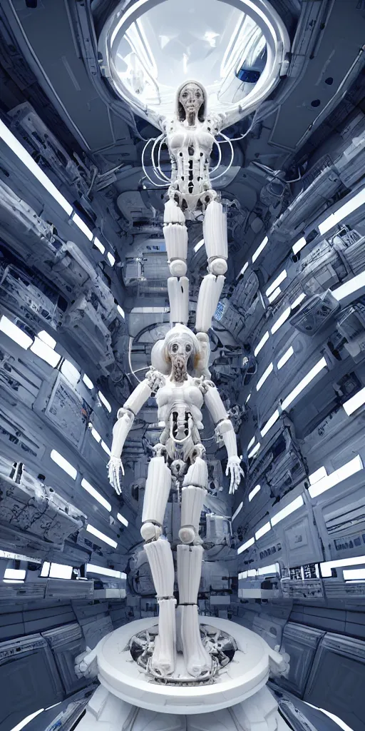 Prompt: high detailed space station interior a statue jesus on cross made of white marble, perfect symmetrical body, full body shot, inflateble shapes, wires, tubes, veins, jellyfish, white biomechanical details, wearing epic bionic cyborg implants, masterpiece, intricate, biopunk, vogue, highly detailed, artstation, concept art, cyberpunk, octane render