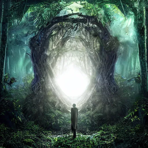 Image similar to a wizard walking towards a ravenous, ominous portal to hades embedded in a creepy tree in a densely overgrown, magical jungle, fantasy, dreamlike sunraise, ultra realistic, atmospheric, stopped in time, dreamlike light incidence