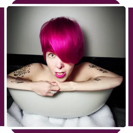 Image similar to “a woman called Berry with pink hair, taking a bubble bath”