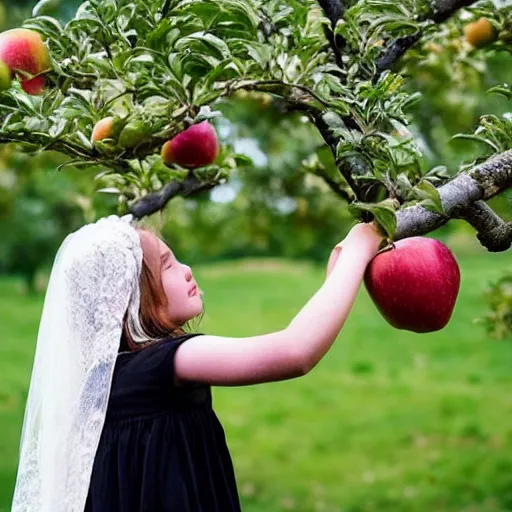 Prompt: a girl with a bridal veil covering her face, embraces an apple tree. folk. thomas hardy tess of the d'urbervilles. pastoral. folk. gothic. vibrant