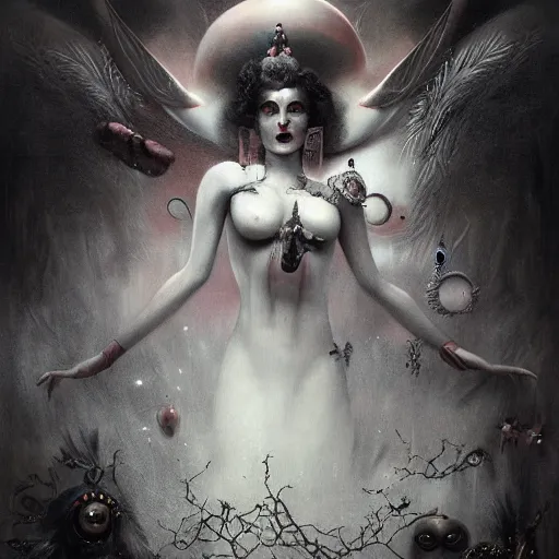 Image similar to By Tom Bagshaw, ultra realist soft painting of a curiosities carnival by night, Female Clown dressed, horror, omnious sky, symmetry accurate features, very intricate details, black and white, volumetric light clouds