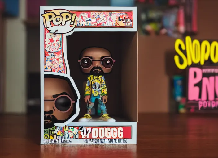 Image similar to product still of Snoop Dogg funko pop with box, 85mm f1.8