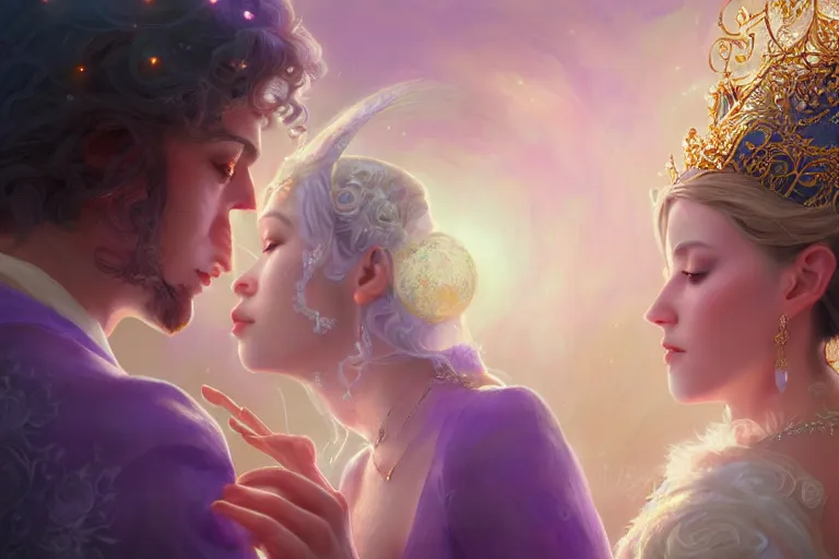 Image similar to a dreamlike cinematic portrait of wedding photograph close up moment of a divine a russia sun god and moon goddess lovers magician at a wedding banquet. portraiture. digital painting. artstation. concept art. fantasy wedding photo. digital painting, 8 k realistic, hyper detailed, violet evergarden art masterpiece by art by krenz cushart