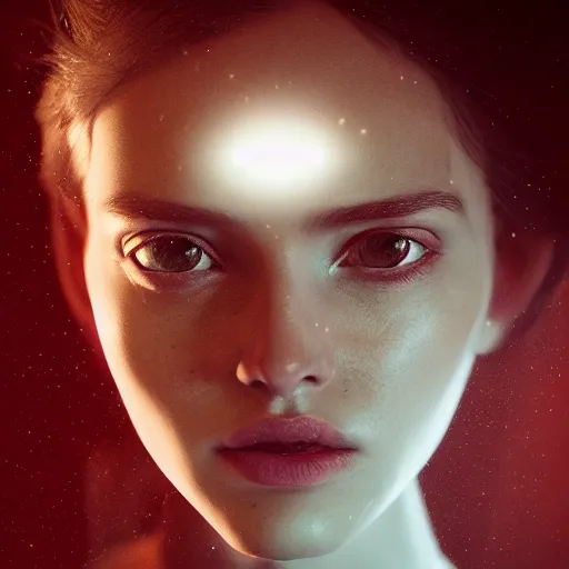 Image similar to portrait art of female angel by alessio albi 8 k ultra realistic, angel wings, lens flare, atmosphere, glow, detailed, intricate, full of colour, cinematic lighting, trending on artstation, 4 k, hyperrealistic, focused, extreme details, unreal engine 5, cinematic, masterpiece