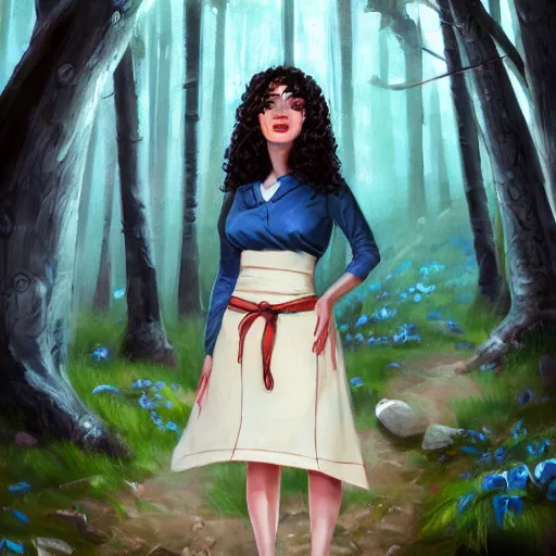 Image similar to a portrait of a 1 9 6 0 s woman with curly black hair and blue eyes, and an apron in the forest, dynamic lighting, fantasy concept art, trending on art station, stunning visuals, cinematic, ultra detailed