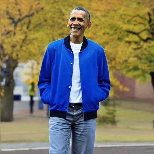 Image similar to realistic photo of casual barack obama wearing a royal blue varsity jacket with yellow sleeves