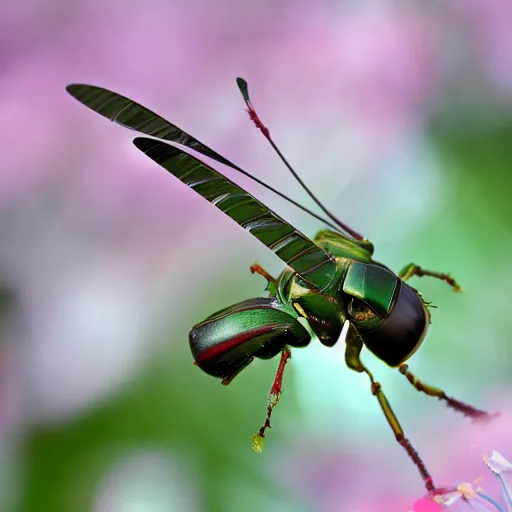 Prompt: rose chafer as a drone creating turbulence above flowers