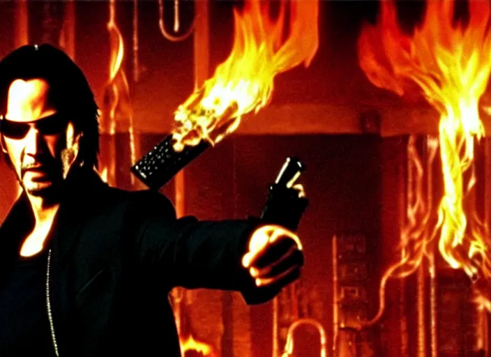 Image similar to Movie still of Keanu Reeves as Neo in The Matrix movie doing a thumb up to the camera in front on burning servers, servers in flames in the background, doing a thumb up, The Matrix servers on fire, Keanu Reeves thumb up, Neo thumb up, doing a thumb up, thumb up, uncropped, full body, crispy, symmetrical face, ultra detailed, cinematic, thumb up, double thumb up to the camera