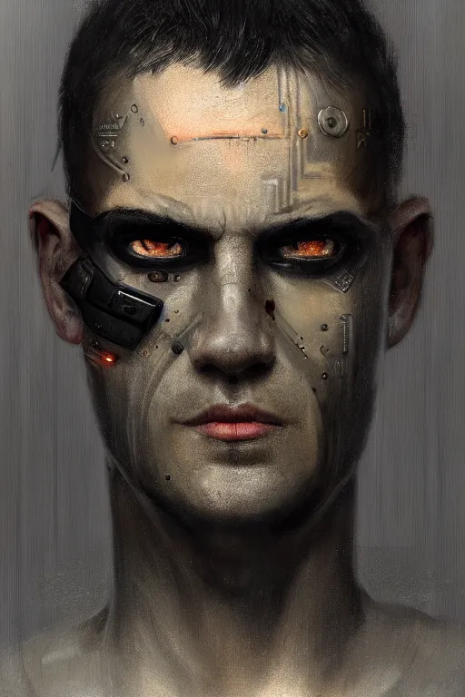 Image similar to illustration of an male cyberpunk character wearing bionic implants, criminal mugshot, solid black background, mugshot, mugshot, gritty, gritty, highly detailed, oil on canvas, soft lighting, muted, pastel colors, by WLOP and Greg Staples, HD, 4K