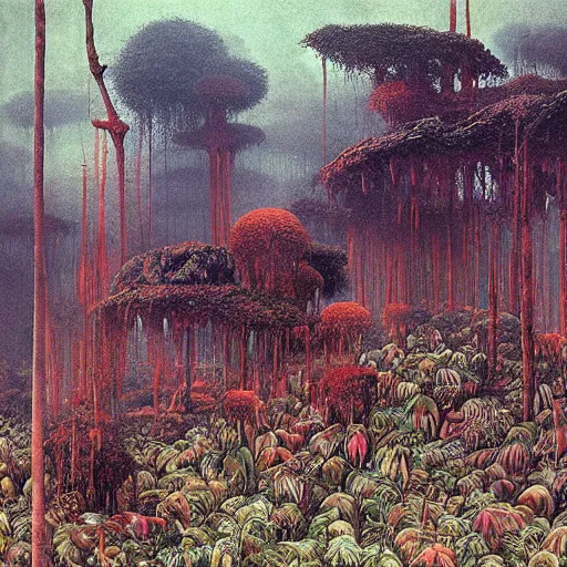 Prompt: a jungle full of strangely colored plants and fruits, bleeding trees, high detail, painted by beksinski and hayao miyazaki