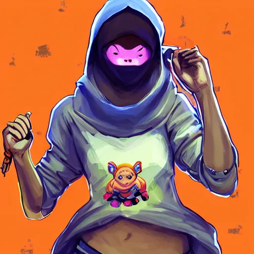 Image similar to baby Angel, baby cherub,wearing angel halo, ski mask, balaclava, face covered, wearing angel halo covered face, orange hoodie, hip hop, multiple golden necklaces, fantasy art apex fortnite Video game icon, 2d game art gta5 cover , official fanart behance hd artstation by Jesper Ejsing, by RHADS, Makoto Shinkai and Lois van baarle, ilya kuvshinov, rossdraws