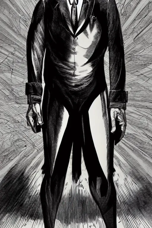 Image similar to full body digital illustration of a solitary sinister man by brian bolland, rachel birkett, alex ross, and neal adams | matte background, centered, character concept, concept art, deviantart, artgerm