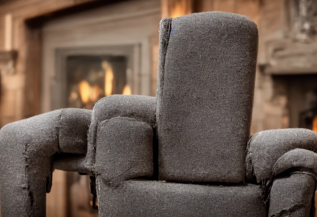 Image similar to An intimate extreme closeup photograph of one lonely robot sitting on a frayed recliner in front of a single beautiful fireplace in a Victorian home